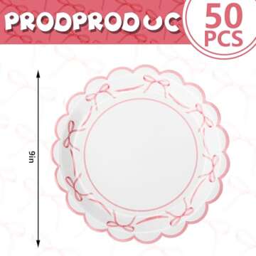 JarThenaAMCS 50Pcs Pink Bow Paper Plate Scalloped Bowknot Disposable Plate 9 inch Decorative Dinner Plate for Birthday Party Table Decor