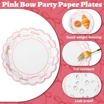 JarThenaAMCS 50Pcs Pink Bow Paper Plate Scalloped Bowknot Disposable Plate 9 inch Decorative Dinner Plate for Birthday Party Table Decor
