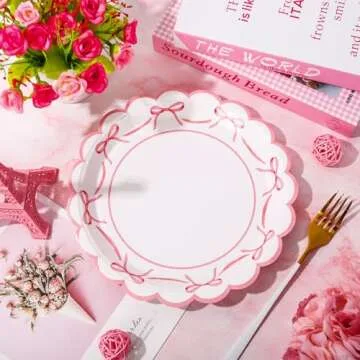 JarThenaAMCS 50Pcs Pink Bow Paper Plate Scalloped Bowknot Disposable Plate 9 inch Decorative Dinner Plate for Birthday Party Table Decor