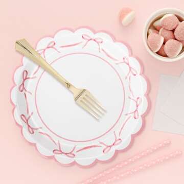 JarThenaAMCS 50Pcs Pink Bow Paper Plate Scalloped Bowknot Disposable Plate 9 inch Decorative Dinner Plate for Birthday Party Table Decor