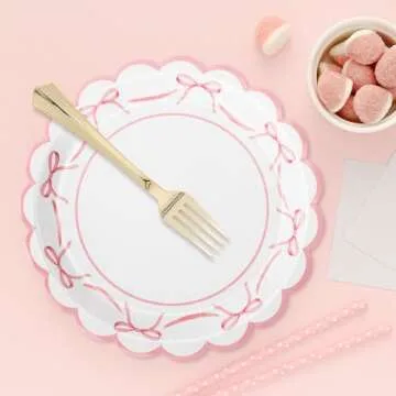 JarThenaAMCS 50Pcs Pink Bow Paper Plate Scalloped Bowknot Disposable Plate 9 inch Decorative Dinner Plate for Birthday Party Table Decor