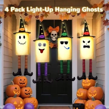 4 Pack Light Up Hanging Halloween Ghosts for Outdoor Use