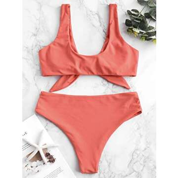 ZAFUL Womens Solid Color Strap Padded Front Knot Bikini Set (M, Sunrise Orange)