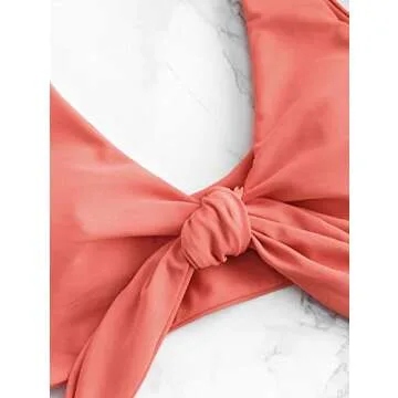 ZAFUL Womens Solid Color Strap Padded Front Knot Bikini Set (M, Sunrise Orange)