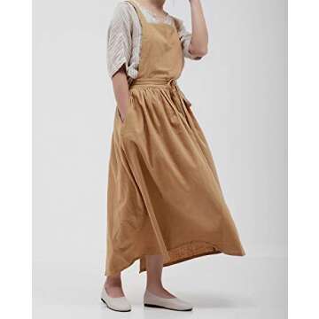 losofar Pleated Cotton Long Apron X Back Kitchen Garden Florist Work Clothes Bib Dress (Toffee, 38.5x34.6in)