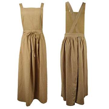 losofar Pleated Cotton Long Apron X Back Kitchen Garden Florist Work Clothes Bib Dress (Toffee, 38.5x34.6in)