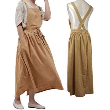 losofar Pleated Cotton Long Apron X Back Kitchen Garden Florist Work Clothes Bib Dress (Toffee, 38.5x34.6in)