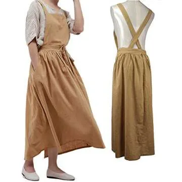 losofar Pleated Cotton Long Apron X Back Kitchen Garden Florist Work Clothes Bib Dress (Toffee, 38.5x34.6in)