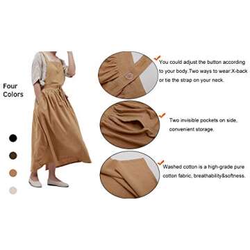 losofar Pleated Cotton Long Apron X Back Kitchen Garden Florist Work Clothes Bib Dress (Toffee, 38.5x34.6in)