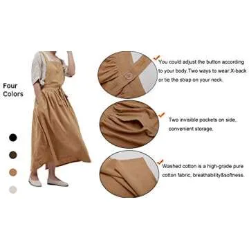 losofar Pleated Cotton Long Apron X Back Kitchen Garden Florist Work Clothes Bib Dress (Toffee, 38.5x34.6in)