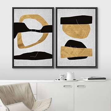 IDEA4WALL Framed Canvas Print Wall Art Set Gold Black Mid-Century Polygon Collage Abstract Shapes Illustrations Minimalism Decorative Relax/Calm for Living Room, Bedroom, Office - 16"x24"x2 Black
