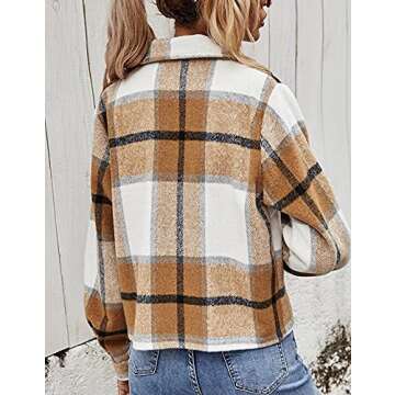 Yeokou Women's Fashion Cropped Flannel Wool Blend Plaid Shacket Long Sleeve Button Down Jackets Coat(Brown-S)