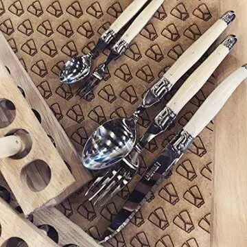 Andre Verdier Laguiole Debutant 24 Piece Flatware Set, Steak Knives, Forks, Soup Spoons, Teaspoons, Ivory Color, Made In France