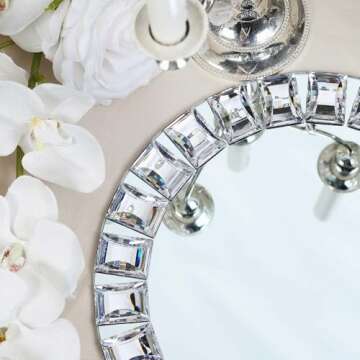 Efavormart 2 Pack 13 Inch Round Silver Jeweled Rim Premium Glass Mirror Charger Plates for Catering ...