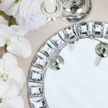 Efavormart 2 Pack 13 Inch Round Silver Jeweled Rim Premium Glass Mirror Charger Plates for Catering ...