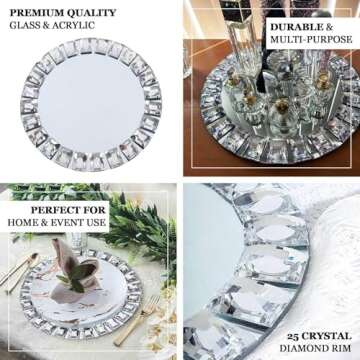 Efavormart 2 Pack 13 Inch Round Silver Jeweled Rim Premium Glass Mirror Charger Plates for Catering Events, Wedding Party Restaurant Dinner Parties