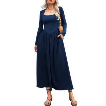 Mieazom Women's Long Sleeve Maxi Dress 2024 Fall Crewneck Knit Casual Solid Wedding Guest Flowy Long...