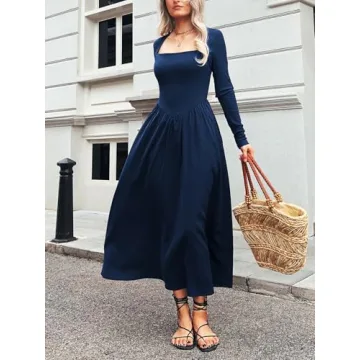 Mieazom Women's Long Sleeve Maxi Dress 2024 Fall Crewneck Knit Casual Solid Wedding Guest Flowy Long Dress with Pockets Navy M