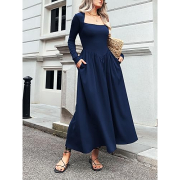 Mieazom Women's Long Sleeve Maxi Dress 2024 Fall Crewneck Knit Casual Solid Wedding Guest Flowy Long Dress with Pockets Navy M
