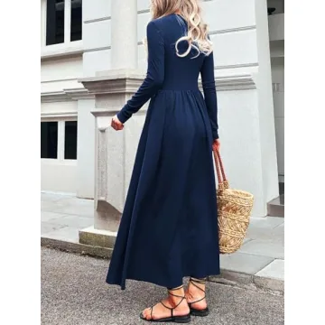 Mieazom Women's Long Sleeve Maxi Dress 2024 Fall Crewneck Knit Casual Solid Wedding Guest Flowy Long Dress with Pockets Navy M