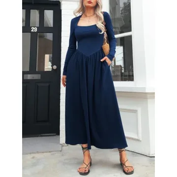 Mieazom Women's Long Sleeve Maxi Dress 2024 Fall Crewneck Knit Casual Solid Wedding Guest Flowy Long Dress with Pockets Navy M