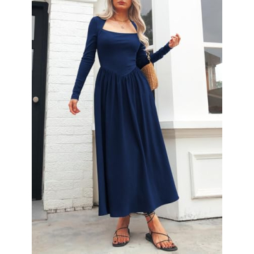 Mieazom Women's Long Sleeve Maxi Dress 2024 Fall Crewneck Knit Casual Solid Wedding Guest Flowy Long Dress with Pockets Navy M