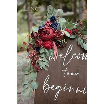 Ling's Moment 2pcs Wedding Artificial Sign Flowers Swag Arch Floral Eucalyptus Garland Decorations Burgundy Navy Blue for Ceremony Party Reception Entrance Welcome Easel Door Decor Wall Home Entryway