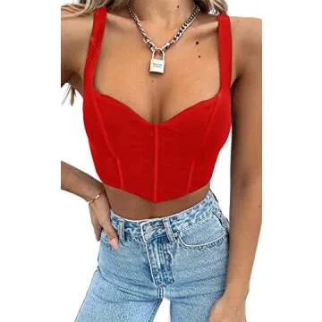 Women Y2k Corset Brami Crop Top Sexy V Neck Plunging Tight Plain Cropped Tank Tops Rave Euphoria Outfit Trendy Going Out Tops Casual Summer Red S