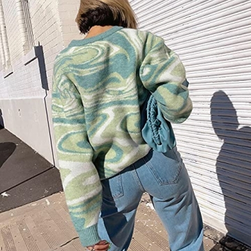 MISSACTIVER Women Casual Knitted Mock Neck Sweater Print Colorblock Long Sleeve Loose Fit Pullover Knitwear(Small,Green)