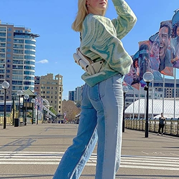 MISSACTIVER Women Casual Knitted Mock Neck Sweater Print Colorblock Long Sleeve Loose Fit Pullover Knitwear(Small,Green)