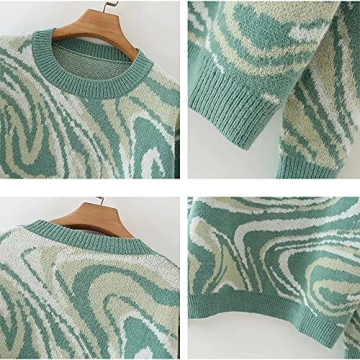 MISSACTIVER Women Casual Knitted Mock Neck Sweater Print Colorblock Long Sleeve Loose Fit Pullover Knitwear(Small,Green)