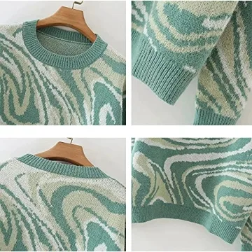 MISSACTIVER Women Casual Knitted Mock Neck Sweater Print Colorblock Long Sleeve Loose Fit Pullover Knitwear(Small,Green)