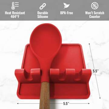 Zulay Kitchen Silicone Utensil Rest with Drip Pad for Multiple Utensils - BPA-Free, Heat-Resistant Spoon Rest & Spoon Holder for Stove Top - Kitchen Utensil Holder for Ladles & Tongs - Red