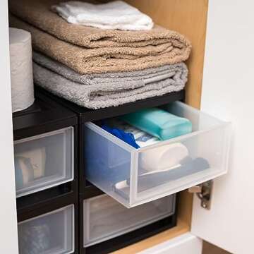 IRIS USA 6 Qt. Plastic Drawer Storage Organizer Stacking Drawers, 4-Pack, Stackable Unit with Sliding Drawer for Clothes Bedroom Kitchen Under Sink Pantry Craft Room Bathroom Dorm Office, Black