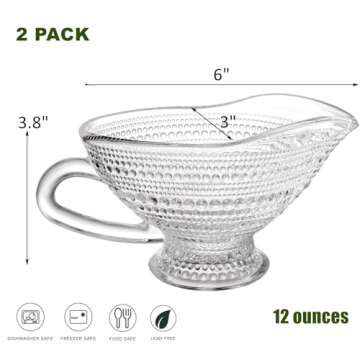 ZOOFOX 2 Pack 12 oz Glass Gravy Boat, Crystal Gravy Bowl with Easy-Pour Spout and Handle, Vintage Em...