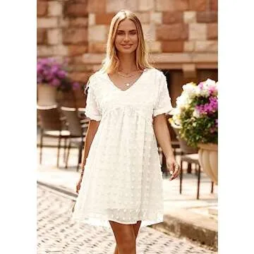 KIRUNDO Women’s Summer Dresses 2024 Casual V Neck Short Sleeve Swiss Dot Ruffle Loose Flowy Mini B...