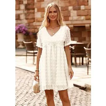 KIRUNDO Women’s Casual V Neck Mini Swiss Dot Dress
