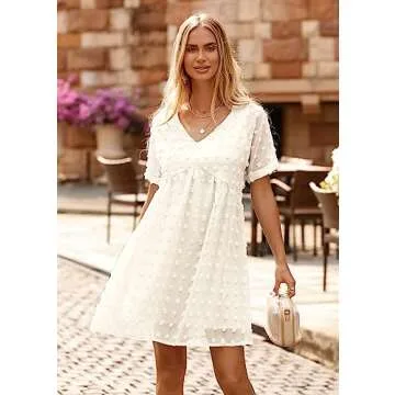 KIRUNDO Women’s Casual V Neck Mini Swiss Dot Dress