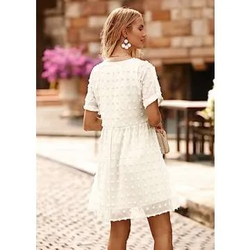 KIRUNDO Women’s Casual V Neck Mini Swiss Dot Dress
