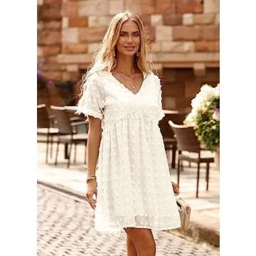 KIRUNDO Women’s Casual V Neck Mini Swiss Dot Dress