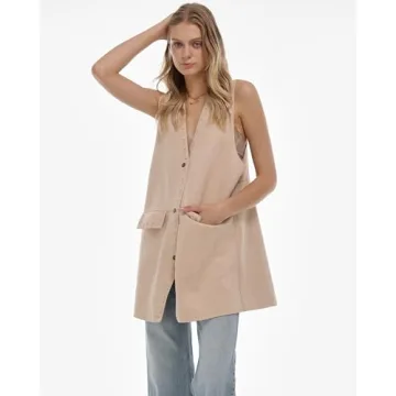 Locachy Women's Vintage Suede Vest Casual Button Down Waistcoat Steampunk Dress with Pockets Khaki L