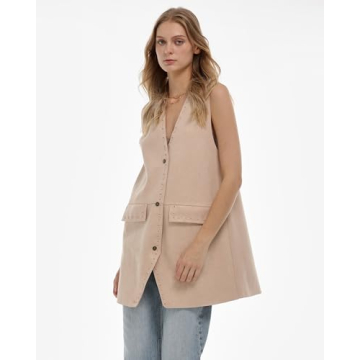 Locachy Women's Vintage Suede Vest Casual Button Down Waistcoat Steampunk Dress with Pockets Khaki L