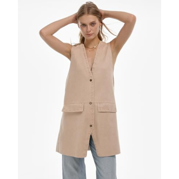 Locachy Women's Vintage Suede Vest Casual Button Down Waistcoat Steampunk Dress with Pockets Khaki L