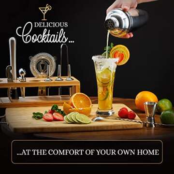 Cocktail Mixology Shaker Set - Bartender Set with an Elegant Bamboo Stand - Bar Accessories Kit including a Martini Shaker & Mixer Recipe Book – Unique Cool House Warming Gift for Men Husband Birthday