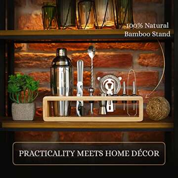 Cocktail Mixology Shaker Set - Bartender Set with an Elegant Bamboo Stand - Bar Accessories Kit including a Martini Shaker & Mixer Recipe Book – Unique Cool House Warming Gift for Men Husband Birthday