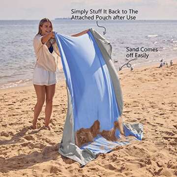 WEKAPO Beach Blanket Sandproof, Extra Large Beach Mat, Big & Compact Sand Free Mat Quick Drying, Lightweight & Durable with 6 Stakes & 4 Corner Pockets (Periwinkle Blue, 9x10 FT (1～8 Person))