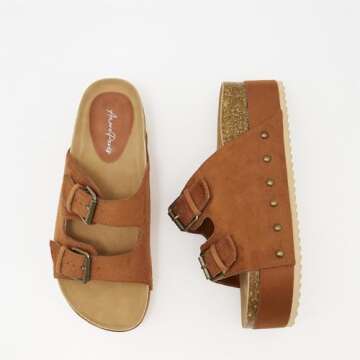 ATBELL Women's Cork Footbed Flatform Sandals Comfort Platform Slides Sandal with Dual Buckled Straps Open Toe Suede Clogs Fashion Studded Heeled Slippers Brown