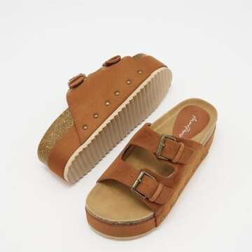 ATBELL Women's Cork Footbed Flatform Sandals Comfort Platform Slides Sandal with Dual Buckled Straps Open Toe Suede Clogs Fashion Studded Heeled Slippers Brown