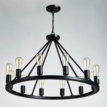 Saint Mossi 32 Inch 12 Lights Metal Chandelier Lighting Antique Painted, Rustic Vintage Farmhouse Pendant Lighting Wagon Wheel Chandelier,Black Finish,H20 x D32 with Adjustable Chain