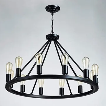 Saint Mossi 32 Inch 12 Lights Metal Chandelier Lighting Antique Painted, Rustic Vintage Farmhouse Pendant Lighting Wagon Wheel Chandelier,Black Finish,H20 x D32 with Adjustable Chain
